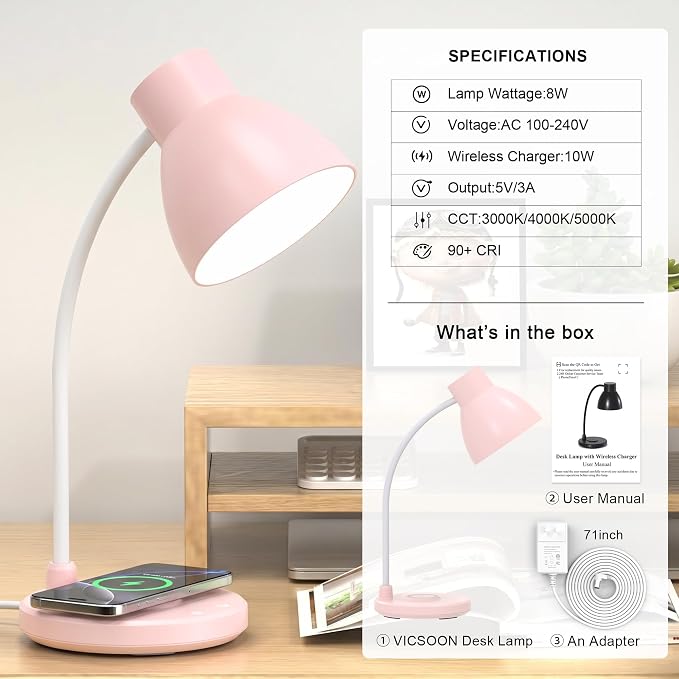LED Desk Lamp for Home Office with Wireless Charger, Pink | 3 Color Modes Dimmable Eye-Caring Study Reading Dorm Desk Lamp, 360° Flexible Arm Table Lamp for College Dorm Room, 800 Lumen