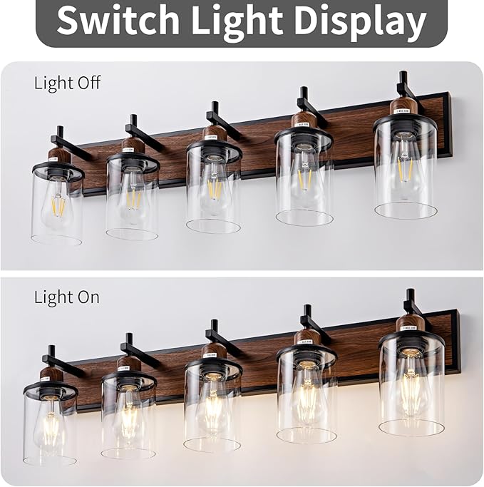 5-Light Farmhouse Bathroom Light Fixtures Vintage Bathroom Vanity Lights Over Mirror Black and Wood Painted Metal Vanity Light for Bathroom with Glass Shades E26 Socket
