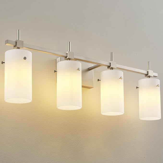 SOLFART 4 Light Bathroom Vanity Lights Over Mirror, Vintage Bathroom Lighting Brushed Nickel Wall Sconce with Milky White Glass Shade
