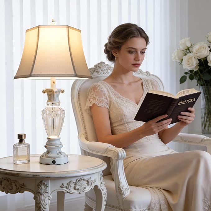 28.5" White Table Lamps Set of 2, Resin Glass Nightstand Lamp with USB Port | Vintage Farmhouse Lamp for Living Room Bedroom, 3-Color Temperatures Bedside Lamp, Table Lamp with Nightlight, Bulbs Included