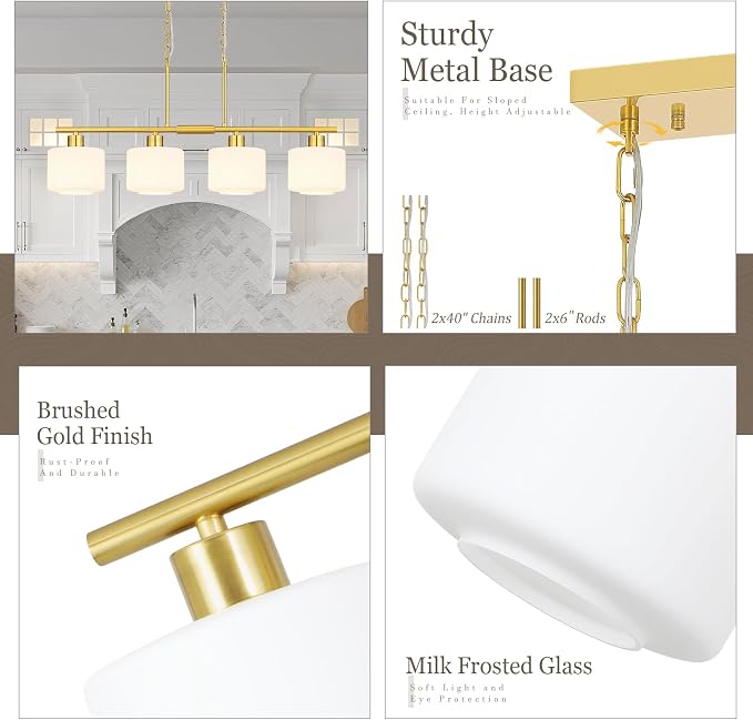 4-Light Brushed Gold Kitchen Island Lighting, Modern Linear Dining Room Chandelier Light Fixtures with Milk Glass and Chain, Mid Century Hanging Lights for Kitchen Island, OS-YQ8153-4ISBGW