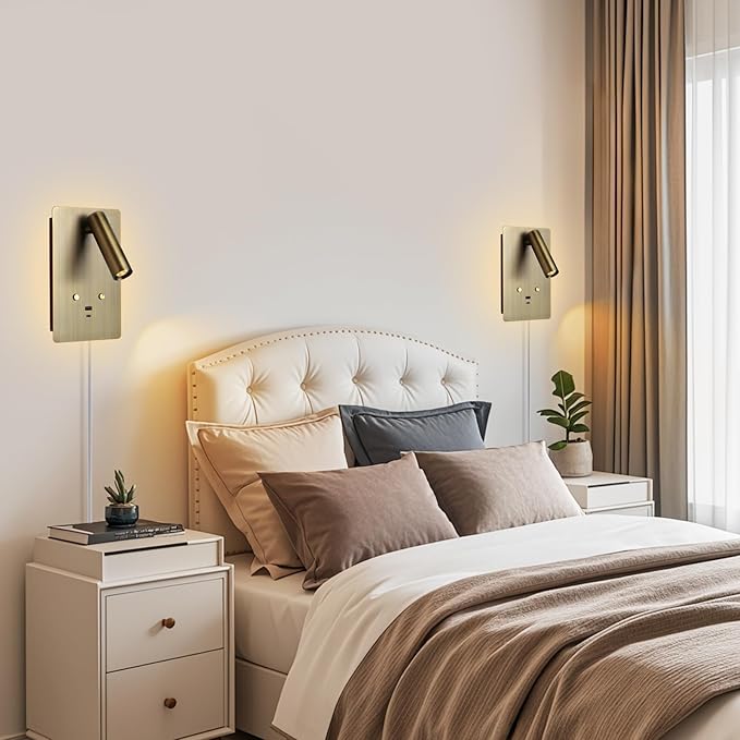 ZEROUNO Wall Mounted Reading Light,Dimmable Plug in Wall Sconce with USB A+C Ports,Touch Control Indoor LED Wall Lighting for Bedroom Bedside 3000K