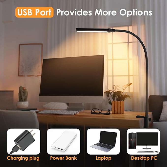 ShineTech LED Desk Lamp with Clamp, Clip On Desk Lamp for Home Office, 3 Color Modes & Stepless Dimming, Flexible Gooseneck Architect Desk Light, Eye Caring Reading Lamp with USB Adapter