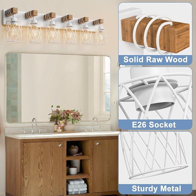 IZORRO Farmhouse Bathroom Vanity Light, 6-Light Wood Bathroom Light Fixtures Over Mirror, Matte White Industrial Vanity Lights with Metal Shade, Rustic Restroom Lighting Fixtures