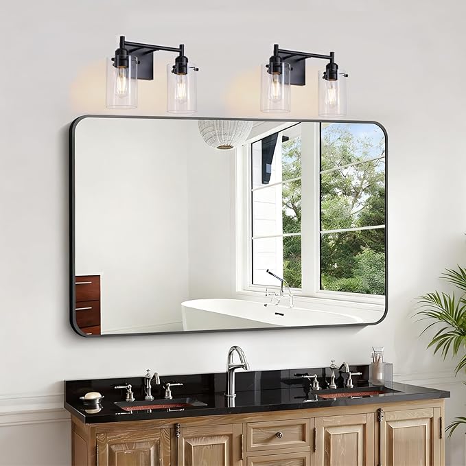 Matte Black 2-Light Bathroom Light Fixtures,Bathroom Vanity Light Over Mirror with Glass Shade,Modern Farmhouse Wall Sconces Lighting for Bedroom Cabinet Kitchen Living Room