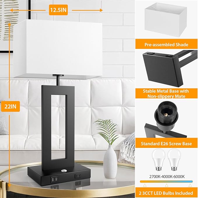 3 Color Temperatures Table Lamps for Bedrooms Set of 2, 22’’ Touch Control Bedside Nightstand Lamps with 2 USB Ports & AC Outlet, Stepless Dimmable Lamps with White Shade, Modern Decor for Living Room