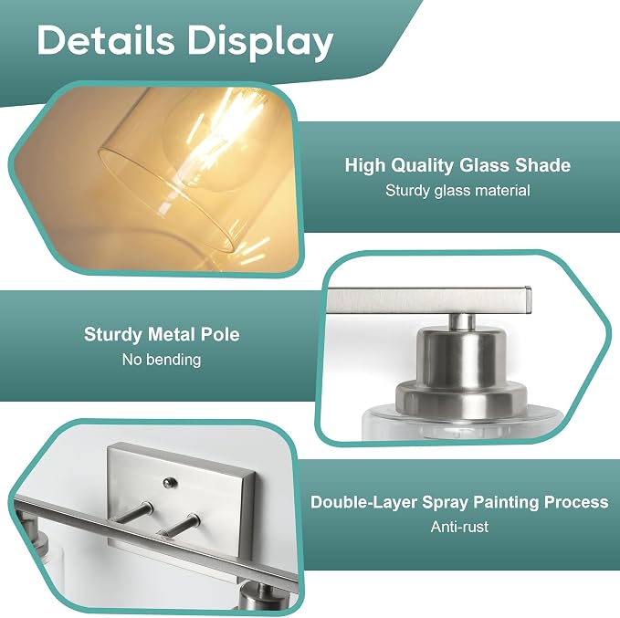 Ascher Bathroom Light Fixtures, 2-Light Vanity Light Over Mirror, Brushed Nickel Wall Sconces with Clear Glass Shades, Wall Lamp for Living Room Bedroom, E26 Base(Bulbs Not Included)