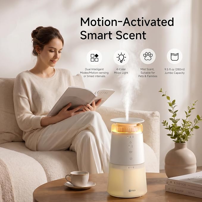 NIMIN Motion Activated Essential Oil Diffuser, Smart Wireless Scent Air Machine with 280ml Jumbo Capacity, 30dB Quiet Waterless Diffusers for Home, Bedroom, Bathroom, 4-Color Ambient Light