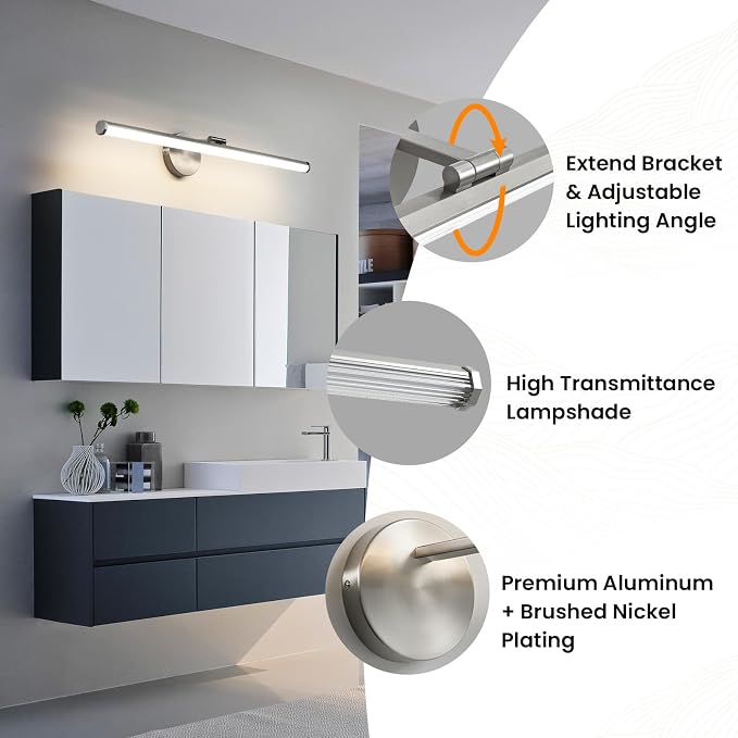 KAISITE Bathroom Light Fixture Over Mirror 30IN Brushed Nickel LED Vanity Light 24W 3000K Dimmable Modern Bathroom Wall Mount Lighting Fixture Rotatable Bath Vanity Light Bar