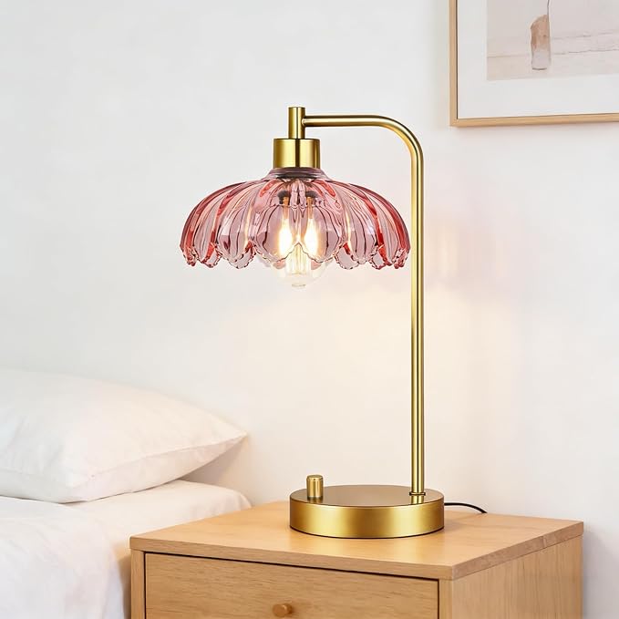 ILLMTW Pink Table Lamp Set of 2,Small Gold Bedside Lamps Dimmable Boho Bedroom Lamp with Tulip Flower Glass Lamp Shade,Vintage Mid Century Modern Mini Nightstand Lamp for Bedroom Living Room