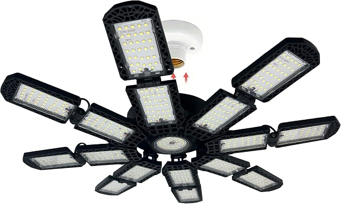 LED Garage Light,Super Bright Screw in E26/E27 Ceiling Shop Work Lamp, 350W 35000 Lumen Deformable Basement Bulb Fixture with 16+1 Adjustable Panels, Lighting for Workshop, Attic