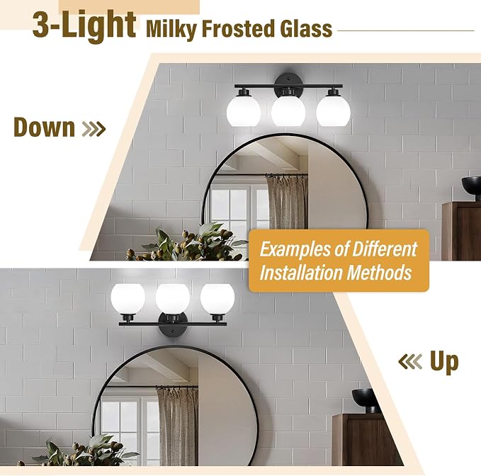 Matte Black Bathroom Light Fixtures, 3-Light Vanity Light Over Mirror | Modern Bathroom Lighting Over Mirror, Wall Sconces, Milky White Globe Glass Shades, E26 Socket,ETL Listed