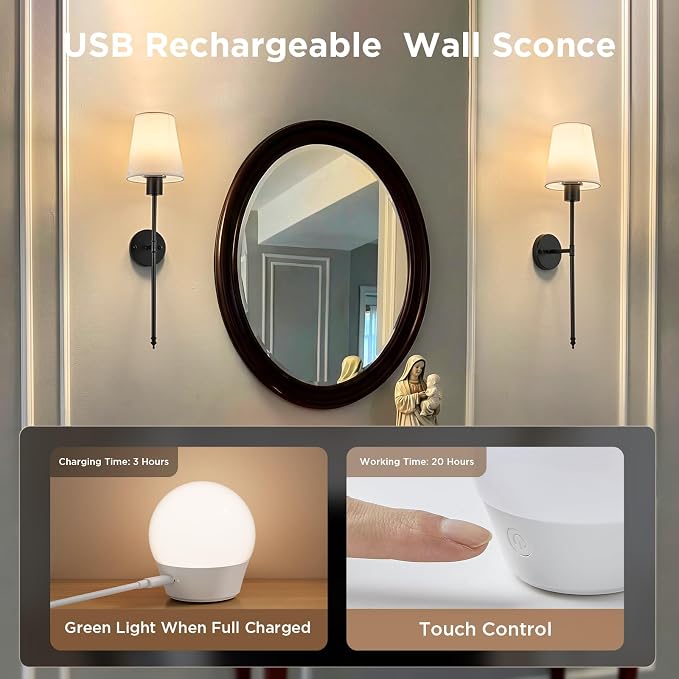 Brightown Battery Operated Wall Sconces Set of 2,Black Sconces Wall Decor | RGBWW Rechargeable Wall Lights with Dimmable Magnetic Bulbs & Remote, Wireless Wall Lamp for Living Room Bedroom Hallway