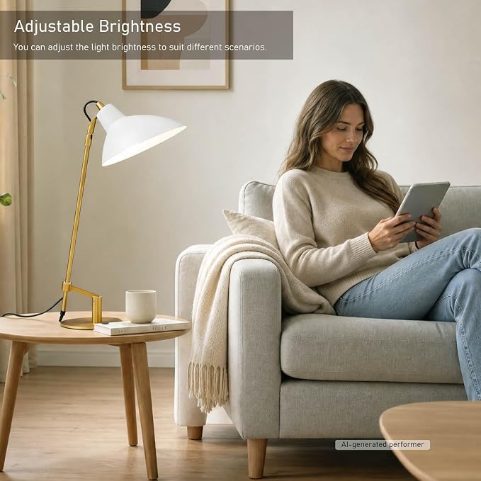 Desk Lamp Modern Industrial 100% Metal Adjustable Table Lamp 24", Natural Light (4000K) with Dimmer, Ideal for Office Bedroom Study Room Living Room Nightstand Bedside Lamps White+Brass