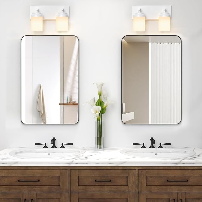 IZORRO Bathroom Vanity Light Fixture, 2-Light 15 Inch White Bathroom Light Fixtures Over Mirror, with White Glass Shade, Modern Farmhouse Vanity Lights, Rustic Restroom Lighting Fixtures