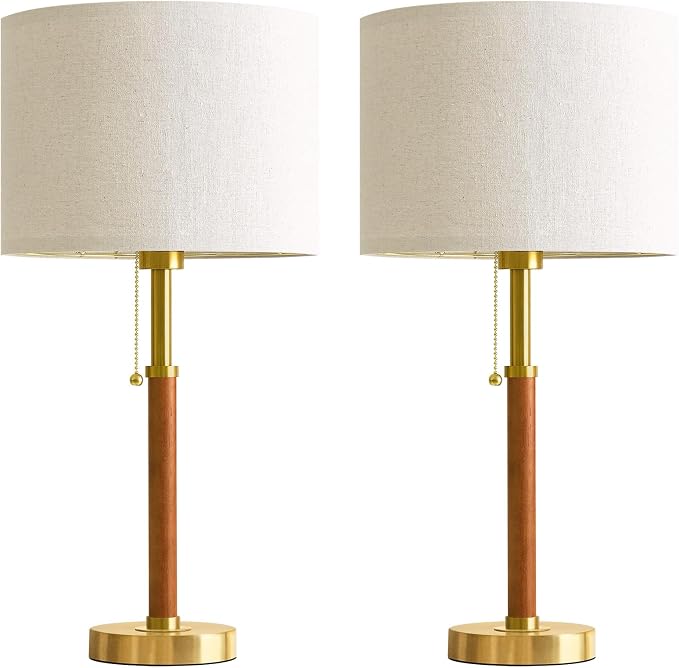 22" Wood Table Lamps Mid Century Modern Lamp for Bedroom Living Room Bedside Lamps for Night Stands Nightstand Lamp with Pull Chain Gold Small Side End Table Lamps Set of 2 Vintage Deco Gifts