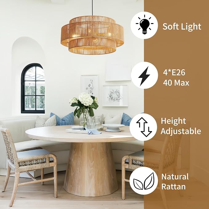 3-Tier Large Rattan Chandeliers, 23.6in Boho Coastal Pendant Lights, Hand Woven Hemp Rope Lighting Fixture, Wicker Hanging Ceiling Light for Living Room, Dining Room, Bedroom, Kitchen Island