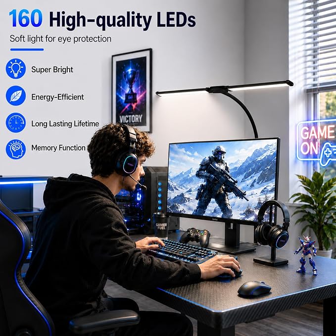 LED Desk Lamp for Home Office, Eye-Care Architect Light with Clamp, Double Head Computer Monitor Table Light with 3 Color Modes 10 Brightness, Adjustable for Reading, Study, Workbench, Black