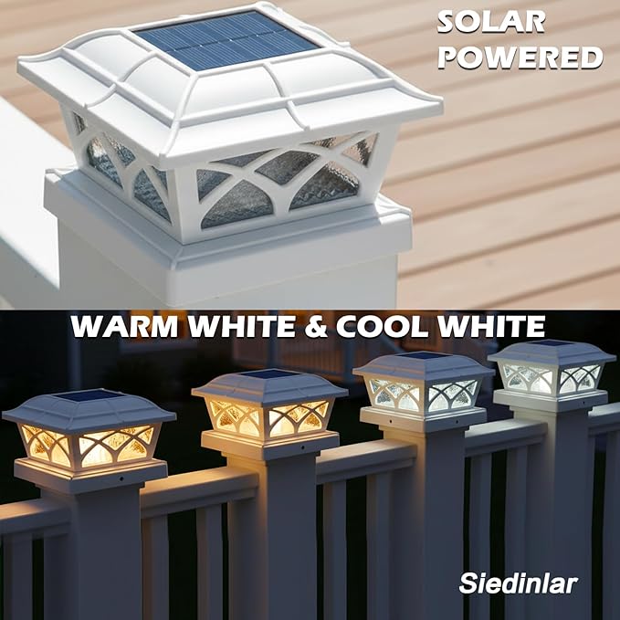 SIEDiNLAR Solar Post Cap Lights Outdoor Glass 2 Color Modes 8 LEDs for 4x4 5x5 6x6 Posts Fence Deck Patio Decoration Warm White & Cool White Lighting White (1 Pack)