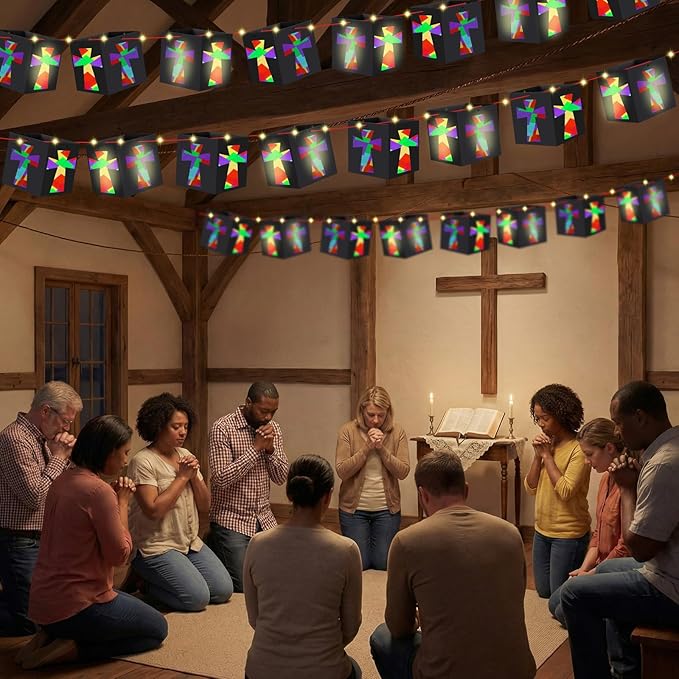 VIHOSE 24 Sets Easter Religious Cross Craft Christian DIY Hanging Lantern Tissue Paper Crafts Included Light String Make Your Own Paper Lantern Decorations for Church Sunday School VBS Activities