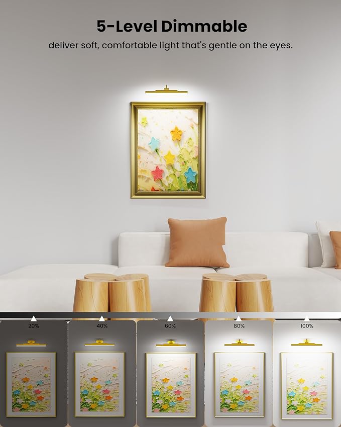 Picture Light for Wall Battery Powered Wireless 13in Gold | 4400mAh Rechargeable,CRI 95+ Dimmable,3 CCT Remote Wall Sconce, 250° Rotatable, Art Light for Paintings Photos Dartboard