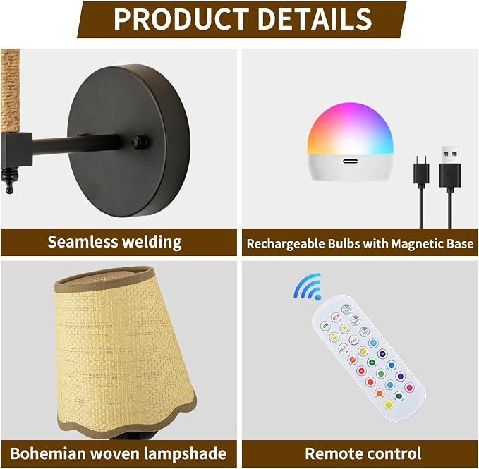 Boho Battery Operated Wall Sconce Set of 2, Medium Black Wireless Rechargeable Wall Lights with Rattan Shade, 12 RGB and 3CCT Dimmable Cordless Wall Lamps with Remote for Living Room