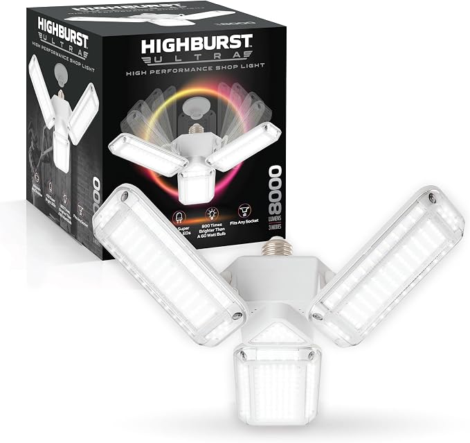 Bell+Howell HighBurst Ultra LED Garage Light Bulb – 8,000 Lumens, Super Bright Screw-in Ceiling Light - Adjustable Multi-Panel Design, for Garage, Shop, Basement, Attic – As Seen on TV