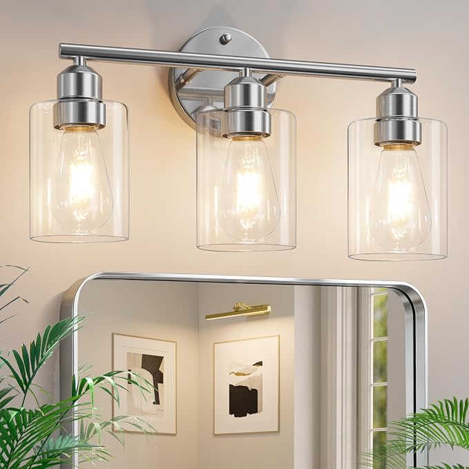 3-Light Bathroom Vanity Light Fixture,Silver,17.3" | Modern Wall Lamp for Mirror, Clear Glass Shade