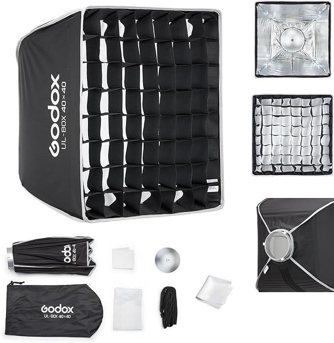 Godox Softbox UL-40x40 15.7"x15.7" Square Softbox, Quick-Release Umbrella Design Bowens Mount with Grid & Deflector, for LED Video & Photography Lighting