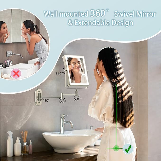 FASCINATE Rechargeable Wall Mounted Makeup Mirror with Lights, Bathroom Mirror Rectangle 8.7" Double Sided Touch Switch 1X 10X Magnifying Mirror with 3 Color Setting Extended Arm 360° Swivel Foldable