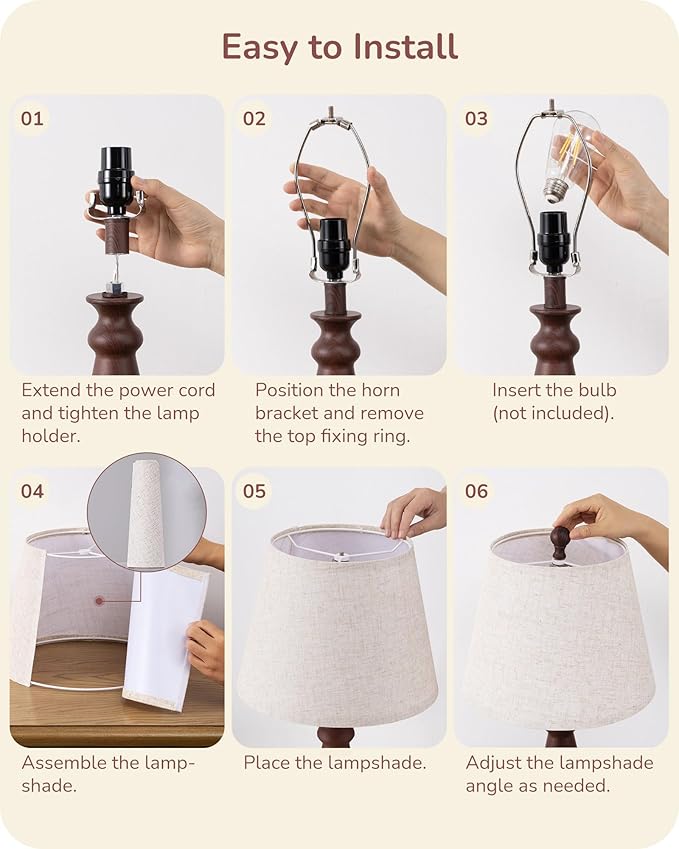 EDISHINE 21.85" Boho Table Lamp, Rustic Bedside Lamp, Water Transfer Red Wood Grain Metal Base, Beige Linen Shade, Farmhouse Nightstand Lamp for Living Room, Bedroom, Office, E26 Base