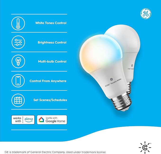 GE Lighting CYNC Smart Tunable White A19 LED Light Bulb, 60W Replacement, Bluetooth/Wi-Fi Enabled, Alexa + Google Home Compatible Without Hub, 2-Pack (Packaging May Vary)