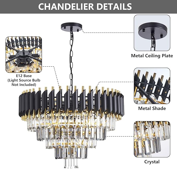 Large Crystal Chandelier 24Inch Dining Room Light Fixtures 5 Tiers Flush Mount Smoke Grey and Gold Chandelier 10 Lights Round Large Chandeliers for Dining Room