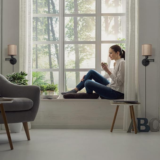 CADUKE Wall Lamps Plug in, Swing Arm Wall Sconce Set of 2 | Light Brown Lampshade, Modern Bedroom Wall Lights Fixtures, Bedside Wall Reading Lights