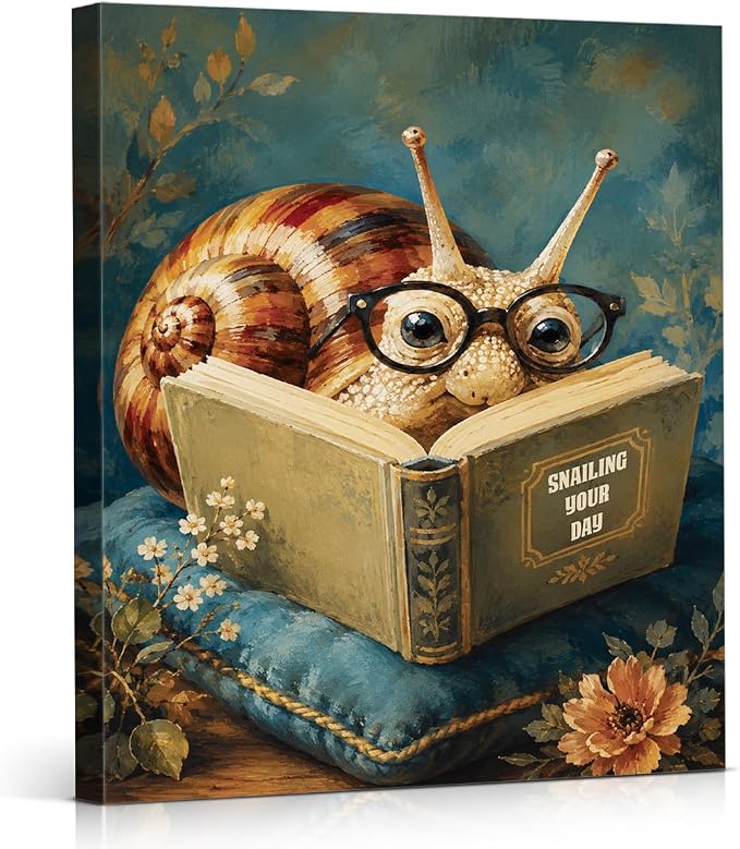 NSFBESSLIA Funny Reading Snail Painting, Whimsical Vintage Animal Decor, Snailing Your Day, Cottagecore Wall Art for Living Room Bedroom Entryway, 8x10 Inch