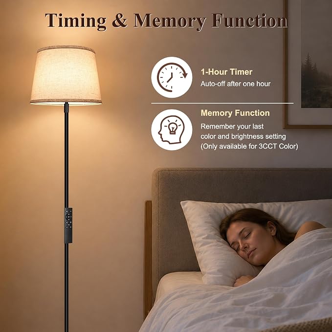 Ascher 2000LM Super Bright Floor Lamp, 18W LED Standing Lamp with 3000K-6000K & 7 RGB Colors, Remote & Foot Control, Dimmable Tall Lamp for Living Room Bedroom Office (Beige Flaxen Shade)
