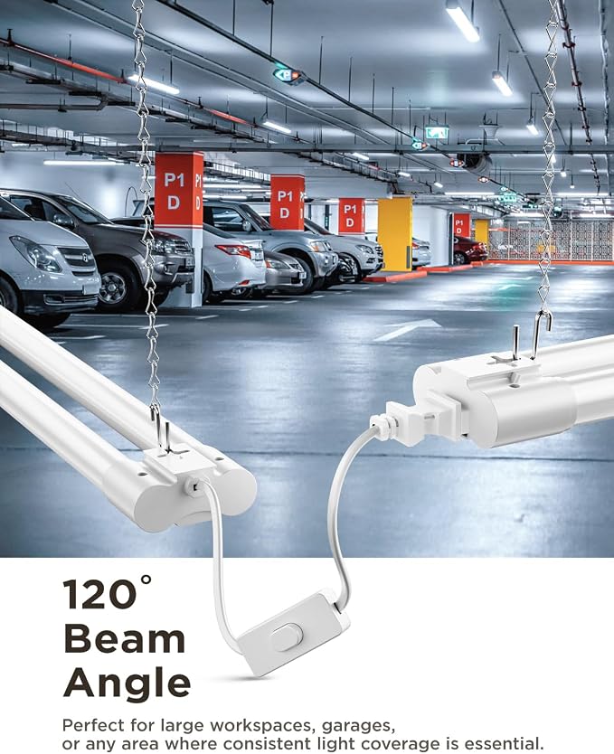 Sunco 6 Pack LED Shop Lights 4FT, Plug in Linkable, White, 40W=150W | 5000K Daylight, 4500LM, Frosted Lens, Pull Chain, Hanging/Surface Mount, 48 Inch Utility Light Fixture for Garage, Workshop