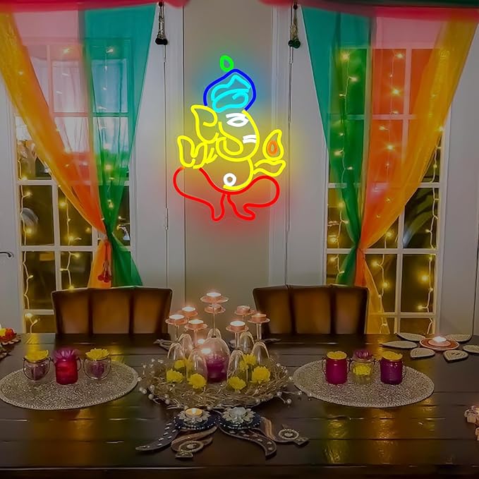 Ganesha Neon Sign for Wall Decor Diwali Led Sign Hindu Elephant Led Neon Light Ganesha Light Sign Up Sign for Home Decoration Ganesh Wall Art Lovers Gift Family