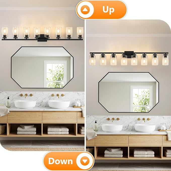 51” Bathroom Light Fixtures Over Mirror,8-Light Black Vanity Light | Large Size, Square Clear Glass & Durable Metal, Quick & Easy Installation, Standard E26 Socket, Bright Bathroom Lighting