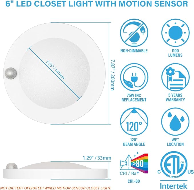 ZAGO LED 6" 120 Volts Closet Light Wired, PIR Motion Sensor Ceiling Disc Light, 15W, 1100 Lumens, CRI>80, 3000K Warm White for Closet, Laundry, Garage, Pantry, Wet Location, ETL, White, 2 Packs