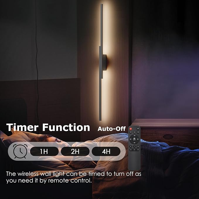 Aipsun Black Wall Sconces Set of Two Battery Operated Wall Sconces 3000K-6000K Dimmable LED Wireless Wall Lights for Living Room,Bedroom,12,000mAh,39.4Inch (2 Pack)