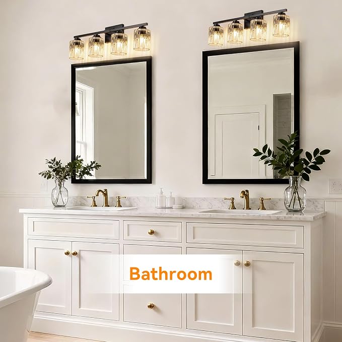 TALOYA Black 4-Light Bathroom Vanity Light with Fluted Cylinder Glass Shade | Modern Vanity Lighting Fixtures, Bathroom Lights Over Mirror, Wall Mount Mirror Light Fixtures for Bathroom Hallway Bedroom