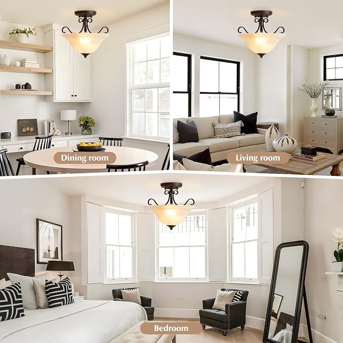 Luvkczc 12" Retro Semi Flush Mount Ceiling Light,Black Ceiling Light Fixture, Mid Century Ceiling Light Modern Glass Close to Ceiling Light for Bedroom Kitchen Porch Hallway,Bulbs Not Included