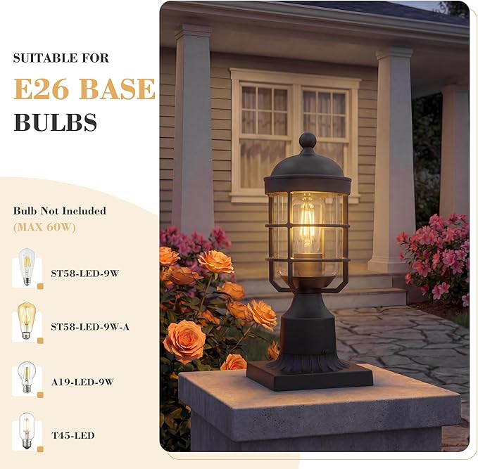 Emliviar 2 Pack Outdoor Post Pier Lights, 14.4" Light Posts for Outside in Black Finish, Clear Tempered Glass Pole Lighting for Garden, GE255P-L-2 BK