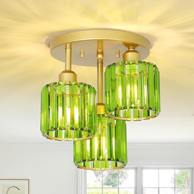 PAUFUL Green Crystal Close to Ceiling Light Fixtures,3-Light Modern Semi Flush Mount Ceiling Light,Kitchen Light Fixture with Crystal Shades,Hallway Lighting Fixture for Entryway Bedroom Bathroom