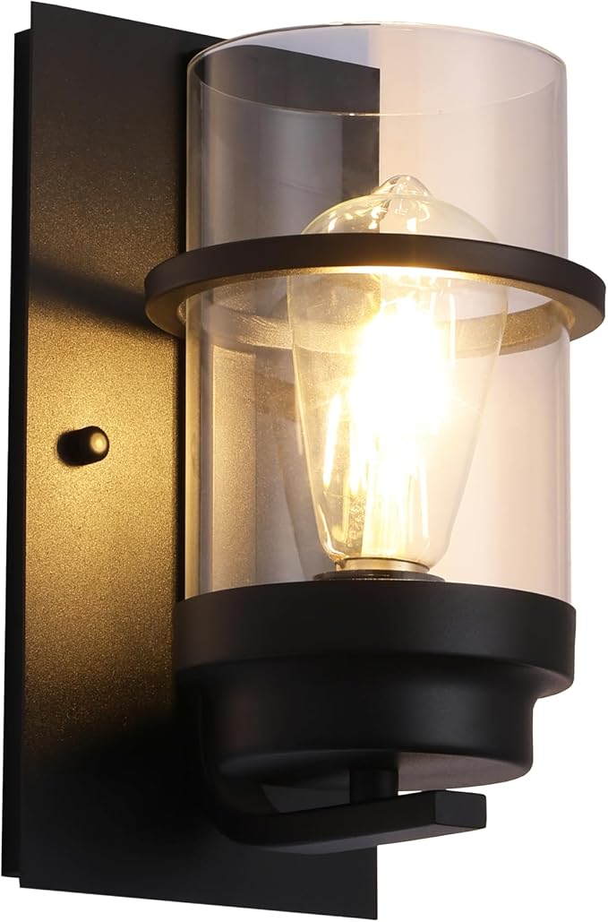 Modern Farmhouse Black Wall Sconce,Glass Wall Light Fixture,E26 | Industrial hardwired indoor fixture,ideal for bedroom,hallway,bathroom and living room,modern style home decor with E26 base.