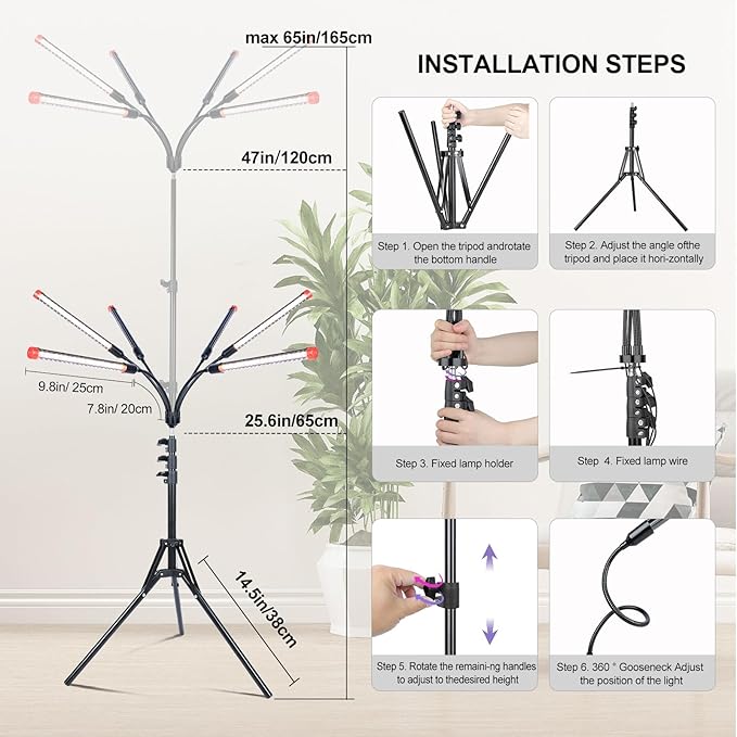 6Head Grow Light with Stand for Tall and Large Indoor Plants, Bonsai Tree, Big Coverage and Bright Plant Growing Lamps, 4/8/12/16/20H Timer, 54 Watt Power Draw, NO Need Adapter, 360° Gooseneck