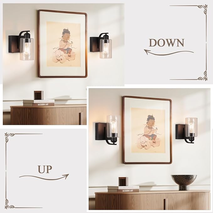BELS 8 Inch Battery Operated Wall Sconces Set of 2, Farmhouse Wall Lights Fixture with Clear Glass, 4000K, Remote Control, Dimmable, Black Wall Sconces for Mirror, Bathroom, Bedroom
