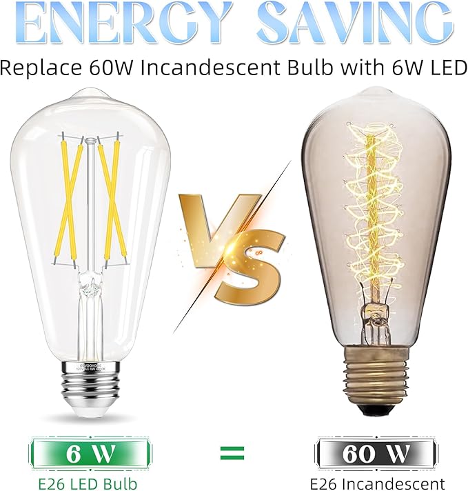 LED Edison Bulbs, E26 Bulb 60 watt Equivalent, Non-Dimmable, Cool White 4000K, ST58 Vintage Light Bulbs, 90+ CRI, 6W 600LM, E26 Medium Base, Clear Glass, 6 Pack