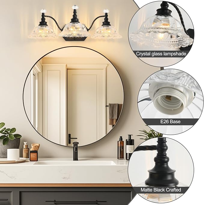 Vintage Bathroom Light Fixtures, 3 Light Black Vanity Lights with Floral Clear Glass Shades, Retro Wall Sconce for Mirror, Powder Room, Bedroom